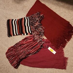 Set of 4 scarves, burgundy colors, various widths and fabrics, 1 NWT, 1 NWOT